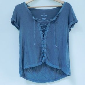 American Eagle Gray Lace-Up Short Sleeve Top
